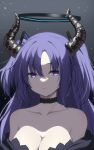  1girl black_dress black_horns blue_archive breasts cleavage closed_mouth collarbone demon_horns dress gradient_background halo highres horns large_breasts long_hair mechanical_halo portrait purple_eyes purple_hair reia_76 solo yuuka_(blue_archive) 