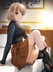  1girl absurdres bed bedroom black_pantyhose black_sweater blurry blurry_background blush breasts brown_eyes brown_hair brown_skirt closed_mouth commentary_request cover cover_page doushimasho highres indoors koibito_ijou_no_koto_wo_kanojo_janai_kimi_to long_sleeves medium_breasts minase_ito no_shoes novel_cover novel_illustration official_art on_bed pantyhose pleated_skirt removing_legwear second-party_source short_hair sitting skirt solo sweater textless_version turtleneck turtleneck_sweater 