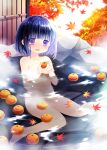  1girl :d autumn_leaves barefoot blue_hair blurry blurry_background collarbone commentary_request convenient_censoring depth_of_field food fruit hands_up highres holding holding_food holding_fruit leaf looking_at_viewer maple_leaf navel nude onsen original partially_submerged purple_eyes sakurazawa_izumi short_hair smile solo steam steam_censor water yuzu_(fruit) yuzu_bath 