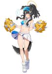  1girl absurdres animal_ears bare_shoulders black_hair blue_archive blush breasts cheerleader cleavage crop_top deitaku dog_ears dog_girl dog_tail eyewear_on_head full_body halo hibiki_(blue_archive) hibiki_(cheerleader)_(blue_archive) highres holding holding_pom_poms long_hair looking_at_viewer navel official_alternate_costume pom_pom_(cheerleading) shoes simple_background skirt sneakers solo star_sticker sticker_on_face tail text_print yellow_halo 