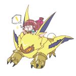  bandai_namco brown_hair chibi claws digimon digimon_ghost_game female feral fur hair human lamortmon lmwoumbcntmzpeu long_hair male mammal monster riding ruri_tsukiyono sharp_claws sharp_teeth teeth winged_arms wings yellow_body yellow_fur 