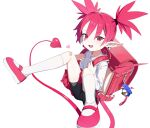  1girl absurdres backpack bag bandaid bandaid_on_knee bandaid_on_leg bike_shorts blush charm_(object) collared_shirt demon_girl demon_tail demon_wings disgaea earrings etna_(disgaea) flat_chest full_body hair_ornament hairclip heart heart_hair_ornament highres jewelry jiryu50610218 kneehighs looking_at_viewer medium_hair open_mouth pointy_ears prinny randoseru red_bag red_eyes red_footwear red_hair red_wings shirt simple_background skull_earrings smile socks solo tail twintails white_background white_shirt white_socks wings 