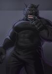  absurd_res adios anthro black_body black_clothing black_fur black_sweater black_topwear canid canine capcom chris_redfield_(resident_evil) claws clothing fangs fingerless_gloves fur gloves handwear hi_res male mammal muscular muscular_male resident_evil solo sweater teeth topwear were werecanid werecanine werewolf yellow_eyes 