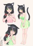  1girl animal_ears bare_arms black_choker black_hair blush breasts cat_ears cat_girl cat_tail choker cleavage collarbone cropped_torso dress full_body green_dress green_eyes hair_ribbon highres large_breasts leaning_forward looking_to_the_side mao_lian_(nekokao) mouse multiple_views nervous original red_ribbon ribbon ribbon_choker scared shaded_face side_ponytail simple_background spaghetti_strap tail white_background 