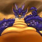  akira_(awoogasm) asian_mythology awoogasm digital_media_(artwork) dragon east_asian_mythology eastern_dragon feral fur gold_(metal) hair hi_res hoard horn lips looking_at_viewer looming looming_over male mythology overweight purple_body smile solo tail thick_bottom_lip yellow_eyes 