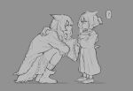  2girls ? aged_down ankle_boots arknights bird_tail boots dress glasses grey_hair greyscale headpat highres low_ponytail medium_hair monochrome multiple_girls one_eye_closed owl_ears ptilopsis_(arknights) shoes short_hair short_ponytail silence_(arknights) simple_background spoken_question_mark squatting tail zy_(zyyyyyyy9) 