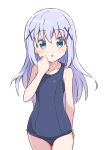  1girl arm_behind_back blue_eyes blue_hair blue_one-piece_swimsuit chikuwa_(majihima) gochuumon_wa_usagi_desu_ka? hair_ornament hairclip hand_to_own_mouth highres kafuu_chino long_hair looking_at_viewer old_school_swimsuit one-piece_swimsuit open_mouth school_swimsuit solo swimsuit thighs 