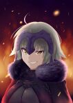  1girl ahoge black_cape breasts cape chain embers eyelashes fate/grand_order fate_(series) fur-trimmed_cape fur_trim gero_gw grey_hair grin headpiece jeanne_d&#039;arc_alter_(fate) large_breasts smile solo upper_body yellow_eyes 