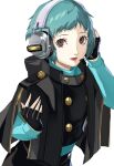  1girl absurdres aqua_hair aqua_sweater black_gloves brown_hair fingerless_gloves gloves hand_on_headset headset highres looking_at_viewer lower_teeth_only persona persona_3 pertex_777 short_hair solo teeth upper_body very_short_hair white_background yamagishi_fuuka 