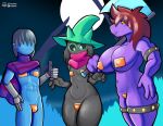  2023 4_fingers abs abstract_background anthro areola armband armor artist_logo artist_name axe barely_visible_areola big_breasts black_body black_fur blue_body blue_skin blush bovid breasts bulge camel_toe cape caprine claws clothing cute_fangs darkner deltarune dinosaur eyewear female finger_claws fingers fours_(artist) freckles fur gesture glasses goat grey_hair group hair hand_on_hip hat headgear headwear hi_res holding_object holding_weapon human kris_(deltarune) legband logo male mammal moon navel nipple_outline non-mammal_breasts pasties patreon pink_scarf purple_areola purple_body purple_scales ralsei red_hair reptile scales scalie scarf spiked_armband spiked_legband spikes susie_(deltarune) thick_thighs thumbs_up trio twitter undertale_(series) weapon wide_hips yellow_sclera 