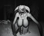 6:5 absurd_res all_fours anthro big_breasts black_and_white breasts creepy forest forest_background genitals gynomorph hi_res horn humanoid humanoid_genitalia humanoid_penis intersex kneeling looking_at_viewer mammal monochrome monster monstrous_humanoid nature nature_background nipples nude penis plant solo sweetmeat teeth tree 