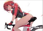  1girl adapted_costume ass bicycle black_hairband black_leotard breasts brown_eyes closed_mouth copyright_name covered_navel feet_out_of_frame gloves hairband large_breasts leotard long_sleeves looking_at_viewer minusk9 neon_trim pyra_(xenoblade) red_gloves red_hair red_leotard riding short_hair simple_background sitting solo two-tone_leotard white_background xenoblade_chronicles_(series) xenoblade_chronicles_2 