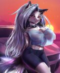  anthro big_breasts blush blush_lines breasts canid canid_demon car cleavage clothed clothing collar demon detailed_background female hair hellhound helluva_boss hi_res kiwanoni lipstick long_hair looking_at_viewer loona_(helluva_boss) makeup mammal short_stack smile solo spiked_collar spikes thick_thighs vehicle 