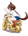  1girl animal_ears blue_buruma brown_eyes brown_hair buruma cardboard commentary cushion gym_shirt gym_uniform hair_ornament horse_ears horse_girl horse_tail looking_at_viewer looking_back motor_vehicle motorcycle no_socks on_vehicle open_mouth red_footwear shadow shirt shoes short_hair short_sleeves simple_background smile sneakers solo t-shirt tail takanaga_kouhei thumbs_up umamusume vodka_(umamusume) white_background white_shirt zabuton 