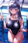  1girl alternate_costume azur_lane bare_shoulders blue_hair blunt_bangs blush breasts collarbone commentary_request commission competition_swimsuit covered_navel dido_(azur_lane) fingernails goggles goggles_on_head hairband highres large_breasts lips long_hair one-piece_swimsuit pool_ladder poolside skeb_commission solo swimsuit thighs water wet yuuzuki_hijiri 