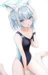  1girl absurdres animal_ears bare_legs bare_shoulders barefoot blue_archive blue_eyes competition_swimsuit cpk_prd grey_hair heterochromia highres looking_at_viewer official_alternate_costume one-piece_swimsuit shiroko_(blue_archive) shiroko_(swimsuit)_(blue_archive) simple_background solo swimsuit thighs white_background wolf_ears 