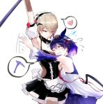  2girls apron arm_up armpits artist_request between_breasts black_dress blue_hair blue_sleeves breasts brown_hair closed_mouth dress flying_sweatdrops frilled_apron frilled_dress frills hair_ornament heart holding holding_scythe holding_weapon honkai_(series) honkai_impact_3rd maid maid_apron maid_headdress multiple_girls one_eye_closed open_mouth puffy_short_sleeves puffy_sleeves purple_eyes red_eyes rita_rossweisse rita_rossweisse_(umbral_rose) scythe seele_(alter_ego) seele_vollerei seele_vollerei_(swallowtail_phantasm) short_hair short_sleeves simple_background smile spoken_heart strapless strapless_dress third-party_source weapon white_apron white_background white_dress 