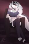  absurd_res anthro canid canid_demon canine clothed clothing collar demon digital_media_(artwork) female fur hair hellhound helluva_boss hi_res looking_at_viewer loona_(helluva_boss) mammal pawldusk simple_background smile solo white_body white_fur 