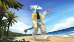  anthro barefoot beach black_clothing black_topwear blep blue_body blue_ears blue_eyes blue_sky blue_tongue bottomwear clothed clothing cloud ears_back feet food glistening glistening_eyes grey_bottomwear grey_clothing grey_pants hi_res holding_food holding_object holding_popsicle kuttoyaki male midriff mouth_closed outside palm_tree pants pivoted_ears plant popsicle seaside sky solo tongue tongue_out topwear tree water white_body white_ears white_inner_ear yellow_clothing yellow_topwear 