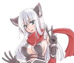  1girl animal_ear_fluff animal_ears armor assassin_cross_(ragnarok_online) black_gloves black_leotard blush breasts cat_ears cat_girl cleavage commentary_request elbow_gloves gloves green_eyes hair_between_eyes koizumi_(0w05070w0) leotard long_bangs long_hair looking_at_viewer medium_breasts open_mouth pauldrons ragnarok_online red_scarf scarf shoulder_armor sidelocks simple_background smile solo upper_body v vambraces white_background white_hair 