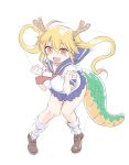  1girl :d blonde_hair blue_sailor_collar blue_skirt blush breasts brown_footwear commentary cool-kyou_shinja dragon_girl dragon_horns dragon_tail fang full_body green_tail hair_between_eyes hands_up heart highres horns huge_breasts kneehighs knees_together_feet_apart kobayashi-san_chi_no_maidragon long_hair looking_at_viewer loose_socks miniskirt necktie open_mouth pigeon-toed pleated_skirt red_eyes red_necktie sailor_collar scales school_uniform serafuku shirt shoes short_sleeves simple_background sketch skin_fang skirt slit_pupils smile socks solo standing tail tohru_(maidragon) twintails white_background white_shirt white_socks 