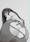  1girl ass ass_cutout blackcat_enjia blunt_bangs chinese_commentary clothing_cutout english_commentary from_behind grey_background greyscale highres long_hair mixed-language_commentary monochrome original perspective simple_background solo wide_hips 