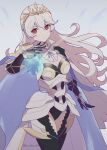  1girl 343rone absurdres armor black_gloves black_leotard black_thighhighs breasts cape cleavage commentary_request corrin_(female)_(fire_emblem) corrin_(female)_(silent_bloodline)_(fire_emblem) corrin_(fire_emblem) cowboy_shot crown dragonstone fire_emblem fire_emblem_fates fire_emblem_heroes gloves hair_between_eyes highres leotard long_hair looking_at_viewer official_alternate_costume red_eyes shoulder_armor smile solo thighhighs twitter_username white_hair 