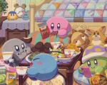  bandana_waddle_dee blue_eyes blush_stickers bottle bowl character_doll clock closed_eyes closed_mouth cookie cup elfilin fanta food jagariko kirby kirby_(series) matcha_(food) miclot milk nightstand no_humans open_mouth pink_footwear pocky shadow_kirby shoes smile table teacup 