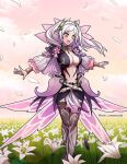  1girl :d aversa_(fire_emblem) aversa_(fire_emblem)_(cosplay) aversa_(resplendent)_(fire_emblem) breasts bridal_gauntlets center_opening cleavage cosplay falling_petals fire_emblem fire_emblem_awakening fire_emblem_heroes flower full_body grass grey_hair large_breasts long_hair long_sleeves navel petals pink_background rein_creamsoda robin_(female)_(fire_emblem) robin_(fire_emblem) smile solo twintails twitter_username white_hair yellow_eyes zettai_ryouiki 