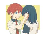  1boy 1girl black_hair black_shirt blue_eyes blush couple gridman_universe gridman_universe_(film) hand_on_another&#039;s_face hetero hibiki_yuuta highres hinakoro_(b_pxxb) long_hair necktie red_hair school_uniform shirt short_hair smile takarada_rikka upper_body white_shirt 