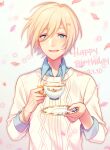  1boy blonde_hair blue_eyes chi_yu collared_shirt commentary_request cup dated ensemble_stars! hair_between_eyes happy_birthday holding holding_cup holding_saucer long_sleeves looking_at_viewer male_focus open_collar open_mouth petals saucer shirt short_hair solo sweater teacup tenshouin_eichi upper_body white_sweater 