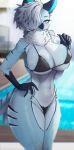  absurd_res anthro avian big_breasts bikini bird blue_body blue_eyes breasts clothing eyelashes female hair hair_over_eye hand_on_hip hi_res looking_at_viewer makeup mascara neck_tuft nipple_outline omeki one_eye_obstructed solo swimming_pool swimwear tuft white_hair 