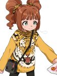  1girl =3 animal_print bag black_bag black_pants brown_hair cowboy_shot food green_eyes hair_ornament hair_scrunchie handbag highres holding holding_food idolmaster idolmaster_(classic) meat medium_hair naruse_ill pants sale scrunchie shoulder_bag simple_background solo star-shaped_pupils star_(symbol) sweater symbol-shaped_pupils takatsuki_yayoi tiger tiger_print twintails white_background yellow_sweater 