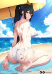  1girl ass barefoot beach beach_umbrella bikini black_hair black_nails cloud commentary day demon_horns from_behind high_ponytail highres hololive hololive_english horns looking_back nerissa_ravencroft outdoors red_eyes sitting solo swimsuit umbrella virtual_youtuber wariza wimmy 