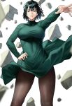  1girl absurdres breasts brown_pantyhose dress floating_rock fubuki_(one-punch_man) green_dress green_eyes green_hair hand_on_own_hip highres large_breasts lips long_sleeves looking_at_viewer one-punch_man outstretched_arm pantyhose parted_lips revision short_hair smile solo standing turtleneck_dress white_background yoshio_(55level) 
