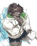  1boy animal_ears bara black_shorts blush bulge catoblepas_(housamo) commentary_request cow_boy cow_ears cow_horns furry furry_male glasses highres holding holding_paper holding_pen hood hooded_jacket horns jacket looking_at_viewer male_focus nanaisan_(713) paper pen pen_to_chin shorts thick_eyebrows tokyo_afterschool_summoners white_background white_jacket 