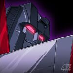  2023 artist_name black_background decepticon from_behind glowing glowing_eyes guido_guidi looking_at_viewer looking_back mecha red_eyes robot smile smug solo starscream transformers 