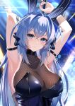  1girl absurdres animal_ears arm_strap armpits arms_up azur_lane bare_shoulders black_leotard blue_eyes blue_hair blue_leotard blue_nails blush bodystocking breasts cleavage commentary_request covered_collarbone fake_animal_ears hair_between_eyes hair_intakes highres large_breasts leotard long_hair looking_at_viewer new_jersey_(azur_lane) new_jersey_(exhilarating_steps!)_(azur_lane) official_alternate_costume parted_lips playboy_bunny pole puripuri rabbit_ears revision see-through see-through_cleavage sidelocks smile solo standing strapless strapless_leotard stripper_pole upper_body very_long_hair 