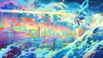  1boy brown_hair cityscape colorful energy_beam evening fish from_side full_body highres honkai:_star_rail honkai_(series) long_sleeves looking_ahead male_focus ocean official_art outdoors potg_(piotegu) scenery short_hair solo standing water 
