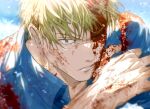  1boy blonde_hair blood blood_on_clothes blood_on_face blue_shirt collared_shirt hair_down highres jujutsu_kaisen lips looking_at_viewer male_focus nanami_kento one_eye_closed parted_lips portrait shirt short_hair solo yoon_(dmsco1803) 