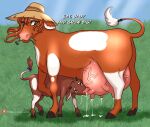  absurd_res bodily_fluids bovid bovine breast_milking cattle comic duo female feral hi_res lactating male male/female mammal splashtf teats transformation udders 
