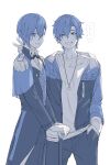  2boys arm_around_neck blue_eyes blue_nails bolo_tie cane coat dual_persona epaulettes grin hand_in_pocket highres jacket jewelry kaito_(vocaloid) limited_palette looking_at_viewer male_focus multiple_boys necklace open_clothes open_jacket project_sekai sentea smile v vivid_bad_squad_kaito wonderlands_x_showtime_kaito 