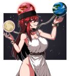  1girl alternate_hair_length alternate_hairstyle black_headwear breasts chain cleavage collarbone cowboy_shot dress earth_(ornament) formicid grin groin hair_between_eyes hecatia_lapislazuli large_breasts long_hair moon_(ornament) polos_crown red_eyes red_hair smile solo touhou white_dress 