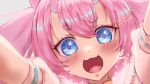  1girl :3 aconite blush chibidoki_(vtuber) close-up crossed_bangs demon_horns fang highres horns indie_virtual_youtuber long_hair looking_at_viewer open_mouth outstretched_arms pink_hair puffy_sleeves purple_eyes sidelocks skin_fang smile solo thick_eyebrows tongue twintails 
