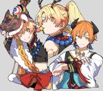  2boys absurdres antlers bead_necklace beads black_nails black_shirt blonde_hair closed_mouth cropped_shirt dango dragon_dance earrings food grey_background highres horns hoshi-toge jewelry long_hair long_sleeves looking_at_viewer mitarashi_dango multicolored_hair multiple_boys multiple_views necklace orange_hair project_sekai shinonome_akito shinshun!_shishimai_robo_no_oshougatsu_show!_(project_sekai) shirt smile streaked_hair tassel tassel_earrings tenma_tsukasa upper_body very_long_hair wagashi white_shirt wide_sleeves yellow_eyes 