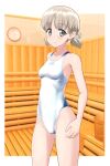  1girl absurdres aki_(girls_und_panzer) blush breasts collarbone commentary_request competition_swimsuit cowboy_shot girls_und_panzer green_eyes groin highres light_brown_hair looking_at_viewer low_twintails one-piece_swimsuit sauna short_hair short_twintails small_breasts smile solo standing swimsuit takafumi thighs twintails two-tone_swimsuit variant_set white_one-piece_swimsuit 
