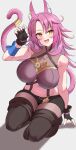  1girl absurdres animal_ear_fluff animal_ears boots breasts cat_ears cat_tail duel_monster fingerless_gloves gloves goggles hand_up highres kirikan_(cokekiri) kneeling large_breasts long_hair midriff navel open_mouth pink_hair skirt solo tail tail_ornament tail_ring thigh_boots tri-brigade_ferrijit_the_barren_blossom yellow_eyes yu-gi-oh! 