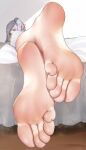  1girl barefoot crossed_ankles dress elf feet foot_focus foreshortening frieren from_behind green_eyes long_hair looking_at_viewer lying on_bed on_stomach parted_bangs pointy_ears smell soles solo sousou_no_frieren toenails toes twintails wd_(1106592840) white_dress white_hair 
