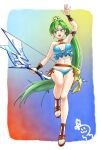  1girl bikini blue_bikini bow_(weapon) commentary_request fire_emblem fire_emblem:_the_blazing_blade fire_emblem_heroes green_eyes green_hair high_ponytail highres holding holding_bow_(weapon) holding_weapon long_hair looking_at_viewer lyn_(fire_emblem) lyn_(summer)_(fire_emblem) official_alternate_costume ponytail sandals swimsuit tsulala44_(oi_thanks) weapon 