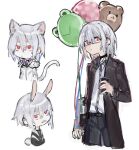  1boy accelerator_(toaru_majutsu_no_index) albino androgynous balloon black_choker black_coat black_pants can canned_coffee cat_boy chibi choker coat collared_shirt electrodes glasses highres holding holding_balloon holding_can kemonomimi_mode long_sleeves looking_at_viewer multiple_views official_alternate_costume pale_skin pants rabbit_boy red_eyes sanpaku shirt short_hair sketch standing toaru_majutsu_no_index white_background white_hair white_shirt yumesakafue 